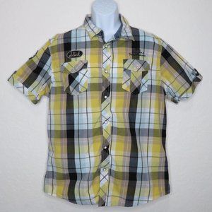 Trust 80 Akoo* Men's Short Sleeve Snap Down Curved Hem Patch Plaid Shirt~‎ XL